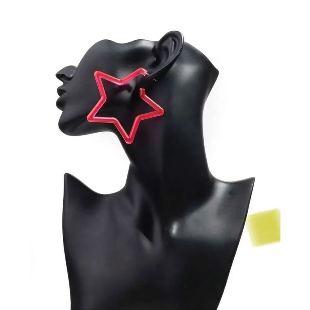 Neon Hot Pink Star Statement Hoop Earrings
